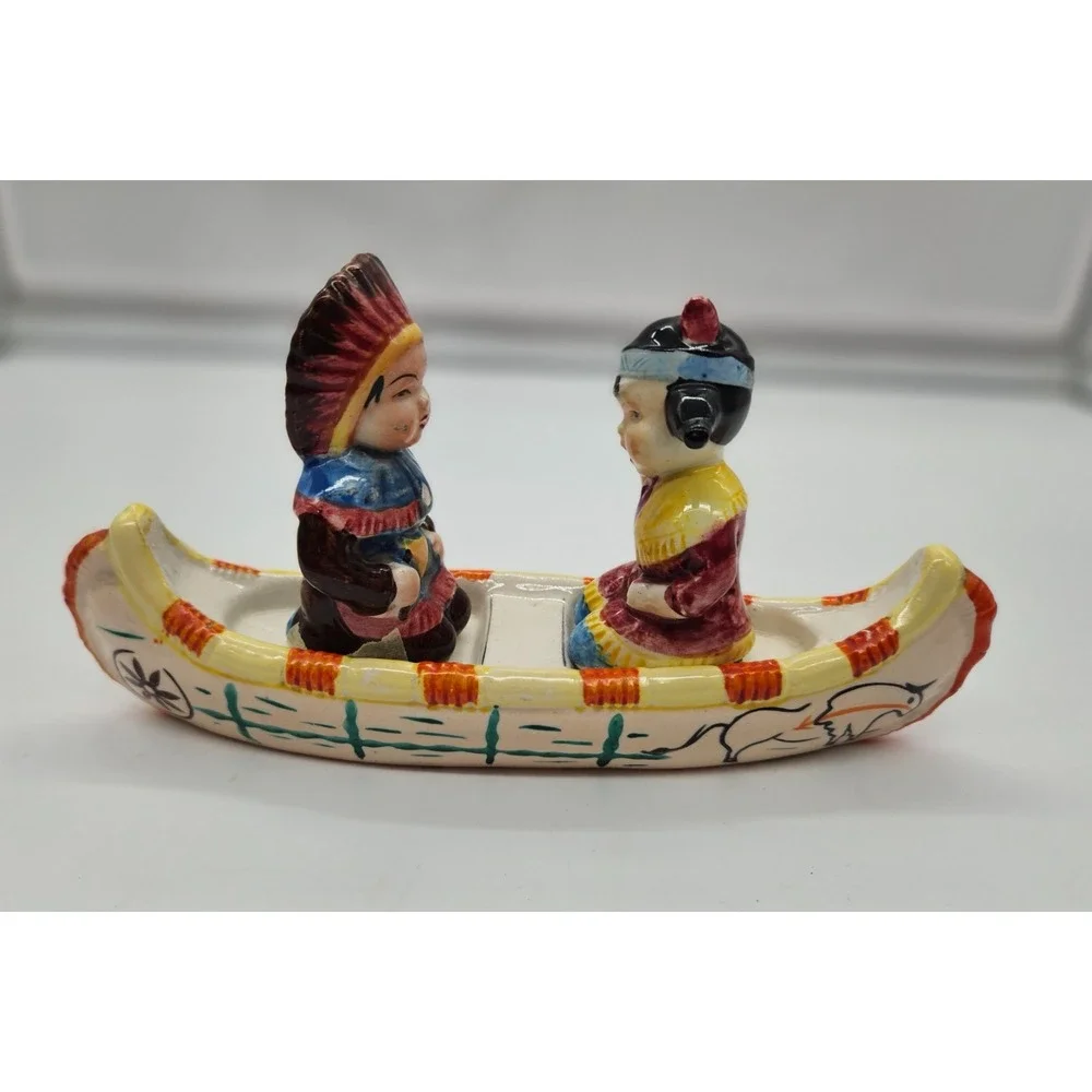 Vintage Japan Ceramic Salt and Pepper Shakers Indigenous Figures in Canoe Set
